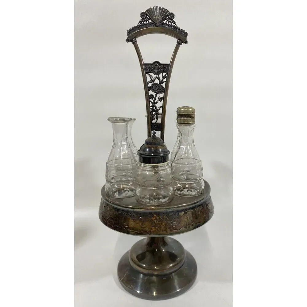Antique Victorian Simpson Hall Miller Quadruple Plate Spinning Condiment Set 18”